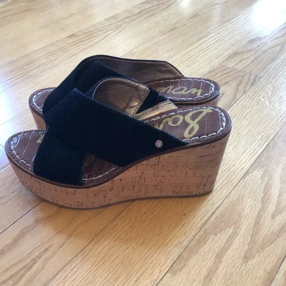 Sam Edelman Suede Cork Wedges - Size 5 Black - Picture 1 of 5